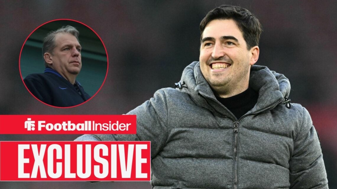 Football Insider exclusive as Bournemouth manager Andoni Iraola smiles towards Chelsea owner Todd Boehly, who features in a circular inset.