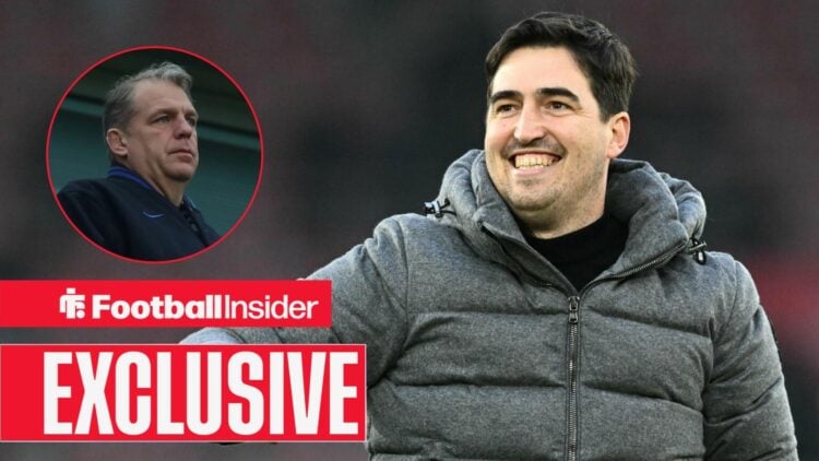 Football Insider exclusive as Bournemouth manager Andoni Iraola smiles towards Chelsea owner Todd Boehly, who features in a circular inset.