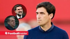 Andoni Iraola on the sidelines at Bournemouth, with Yasir Al-Rumayyan and Todd Boehly in circular insets
