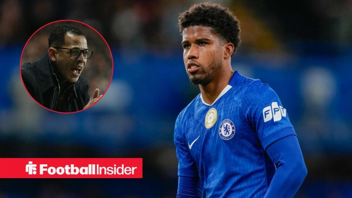 Chelsea midfielder Andrey Santos in action during a game, as Liam Rosenior shouts in a circular inset.