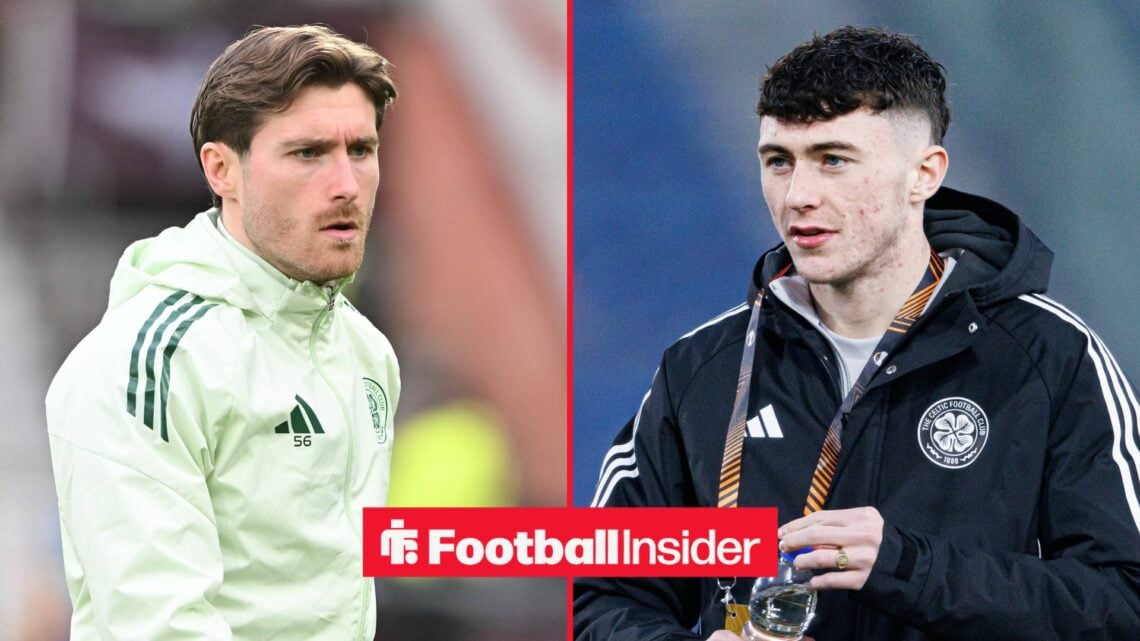 Celtic defender Anthony Ralston stares across a split image towards teammate Colby Donovan.