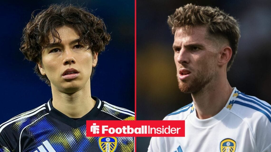Leeds United midfielders Ao Tanaka and Anton Stach feature on either side of a split image.