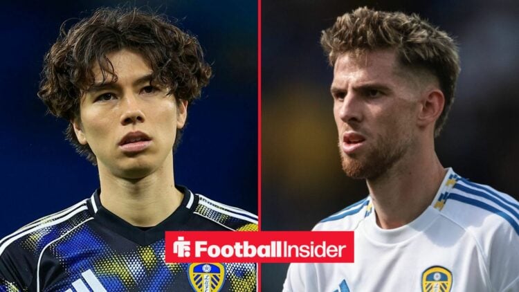 Leeds United midfielders Ao Tanaka and Anton Stach feature on either side of a split image.