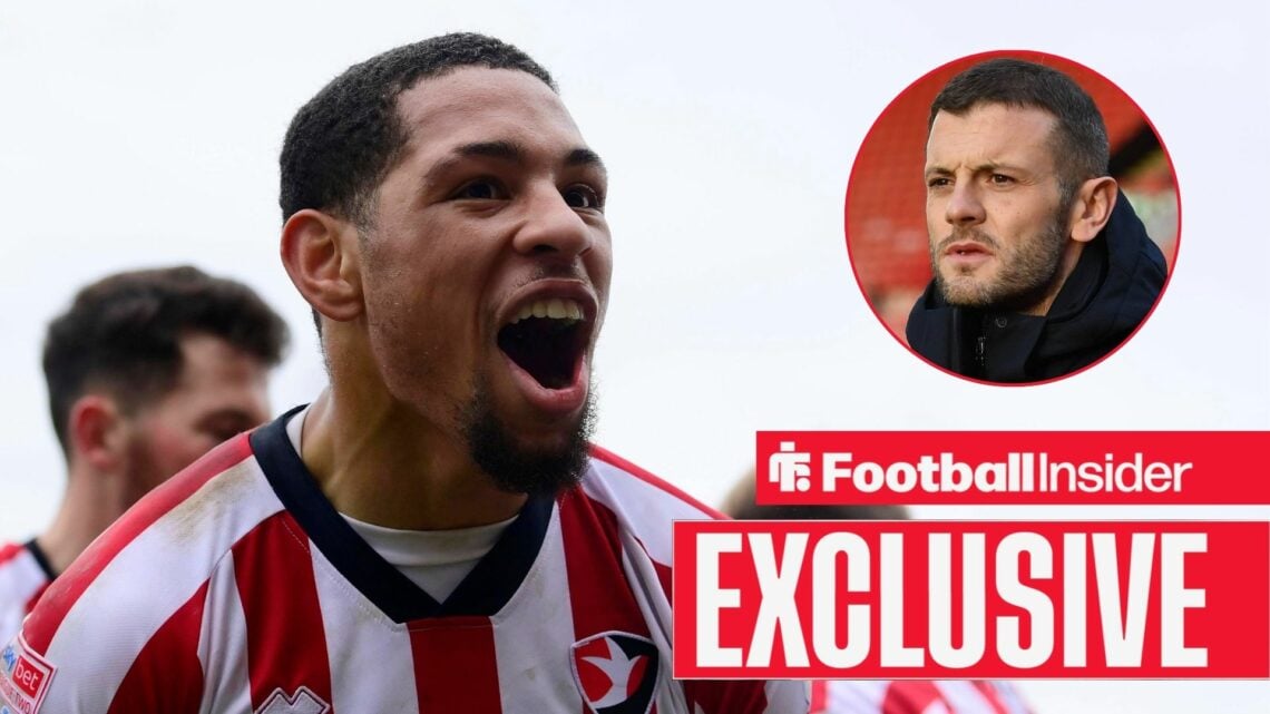 Arkell Jude-Boyd in action for Cheltenham Town, with Jack Wilshere in a circular inset