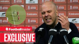 Liverpool manager Arne Slot shouting in a press conference / Liverpool goalkeeper Freddie Woodman goes down injured vs Crystal Palace on 25 April, 2026