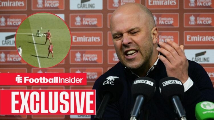 Liverpool manager Arne Slot shouting in a press conference / Liverpool goalkeeper Freddie Woodman goes down injured vs Crystal Palace on 25 April, ...