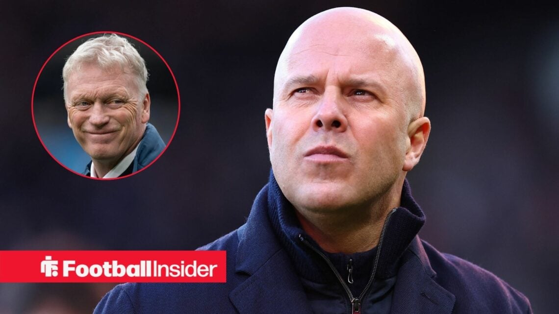 Liverpool manager Arne Slot glances concernedly towards a circular inset, where Everton boss David Moyes grins.