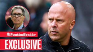 Football Insider exclusive as Liverpool manager Arne Slot stands in the rain, while owner John W. Henry watches from a circular inset.