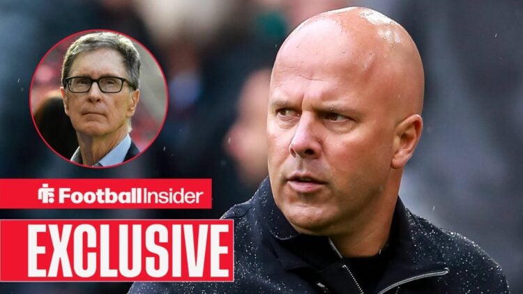 Football Insider exclusive as Liverpool manager Arne Slot stands in the rain, while owner John W. Henry watches from a circular inset.