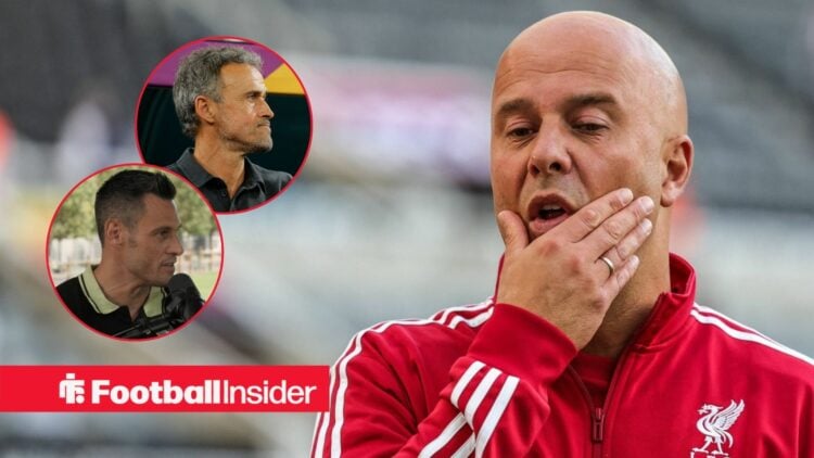 Liverpool manager Arne Slot disappointed at Anfield / FIFA referee Maurizio Mariani speaking in an interview / PSG manager Luis Enrique at Parc des...