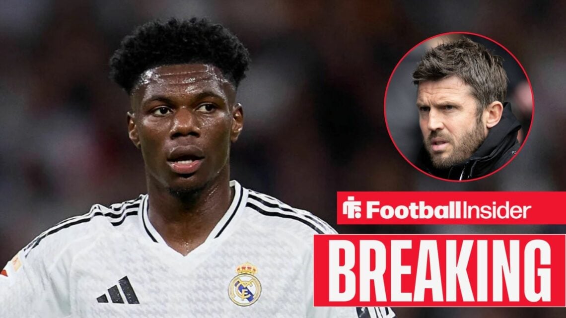 Aurelien Tchouameni in action for Real Madrid, with Michael Carrick in a circular inset