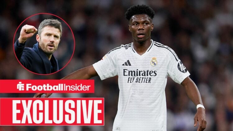 Real Madrid midfielder Aurelien Tchouameni alongside a circular insert of Man United manager Michael Carrick