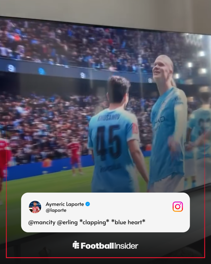 Aymeric Laporte celebrates Erling Haaland's hat-trick vs Liverpool on 4 April, 2026