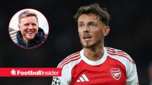 Ben White in action for Arsenal, with Eddie Howe in a circular inset