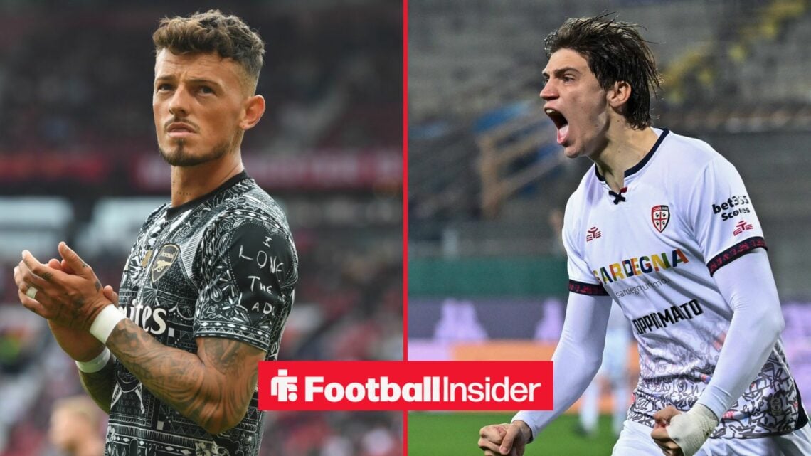 Arsenal defender Ben White looks concerned while warming up for a game, as Marco Palestra celebrates for Cagliari on the other side of a split image.