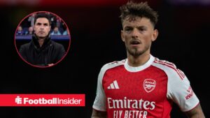 Ben White of Arsenal during the Carabao Cup Fourth Round match between Arsenal and Brighton & Hove Albion at Emirates Stadium on October 29, 2025 / Arsenal manager Mikel Arteta on the sidelines