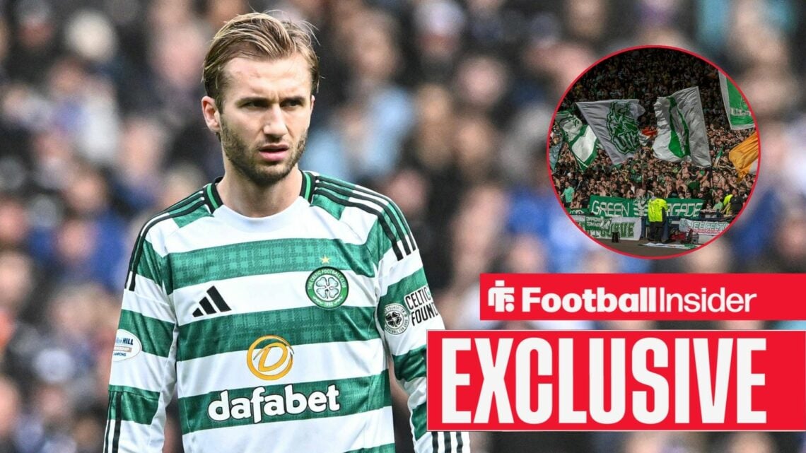 Football Insider exclusive as Benjamin Nygren stares concernedly towards the Celtic fans, who wave flags in a circular inset.