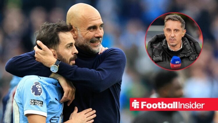 Manchester City versus Arsenal, Bernardo Silva of Manchester City celebrates with Manchester City manager Pep Guardiola at full time / Man United l...