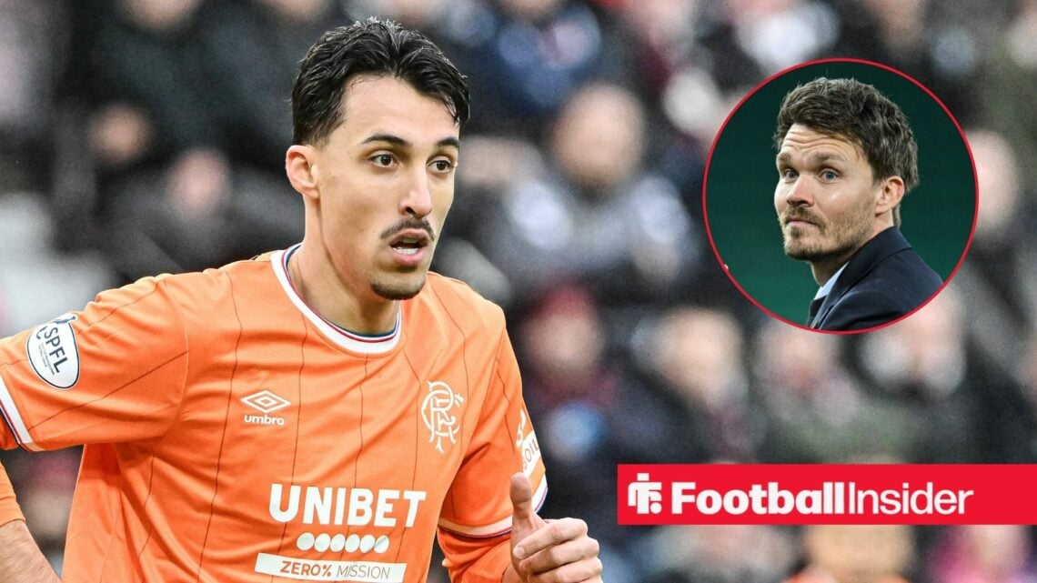 Bojan Miovski in action during a game for Rangers, as manager Danny Rohl watches on from a circular inset.