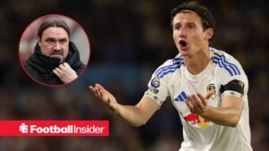 Brenden Aaronson of Leeds United appeals to the assistant referee during the Premier League match between Leeds United and Everton in Leeds, United Kingdom, on August 18, 2025 / Daniel Farke manager of Leeds United ahead of kickoff during the Premier League match Sunderland vs Leeds United at Stadium Of Light, Sunderland, United Kingdom, 28th December 2025
