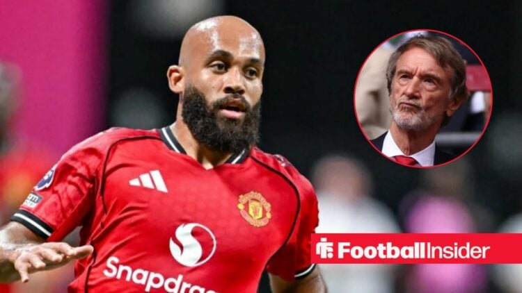 Bryan Mbeumo in action for Man United, with Jim Ratcliffe in a circular inset