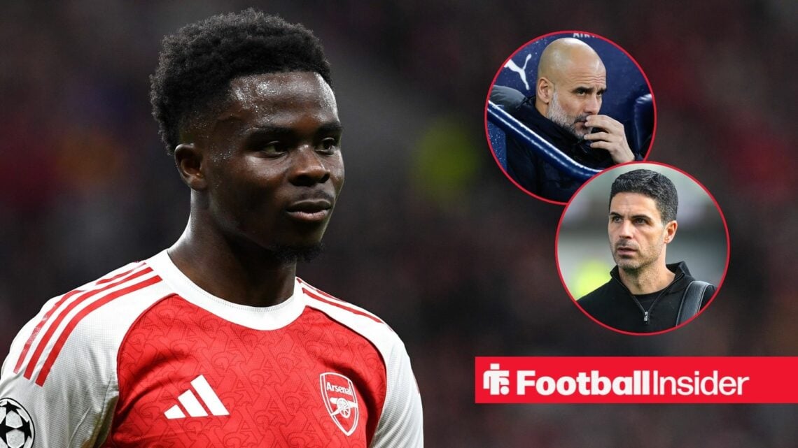 Bukayo Saka FC Arsenal schaut waehrend des Spiels der UEFA Champions League 2025/26, Achtelfinale, Hinspiel zwischen Bayer 04 Leverkusen und FC Ars...