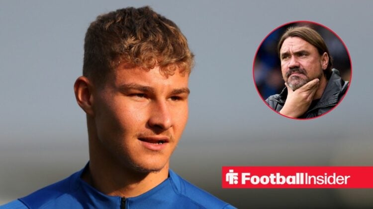 Carl Rushworth in training, with Daniel Farke in a circular inset