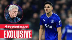 Football Insider exclusive as Carlos Alcaraz looks frustrated during a game for Everton, as manager David Moyes wears a stern expression in a circular inset.
