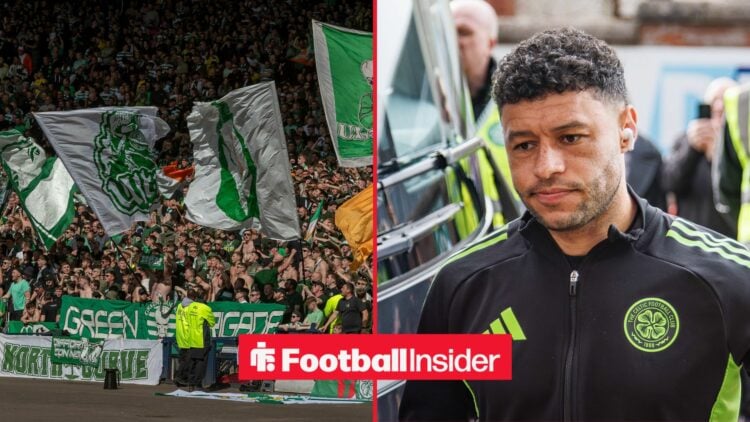 Celtic fans wave flags in the stands as Alex Oxlade-Chamberlain arrives at a game on the other side of a split image.