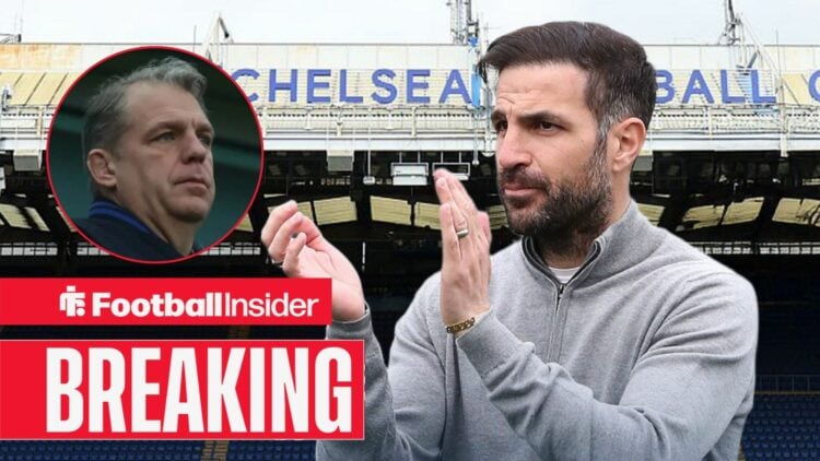 Cesc Fabregas edited in at Stamford Bridge, with Todd Boehly in a circular inset