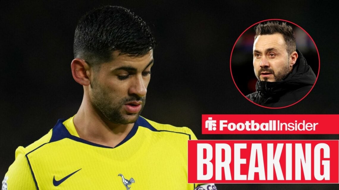 Cristian Romero in action for Tottenham, with Roberto De Zerbi in a circular inset