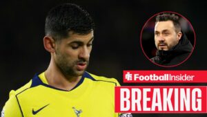 Cristian Romero in action for Tottenham, with Roberto De Zerbi in a circular inset