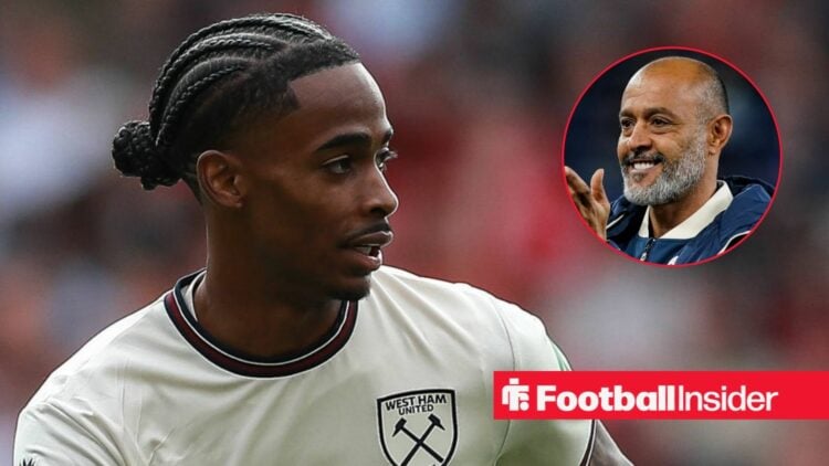 Crysencio Summerville in action for West Ham, with Nuno Espirito Santo in a ciruclar inset