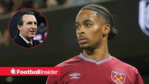 Crysencio Summerville in action for West Ham, with Unai Emery in a circular inset