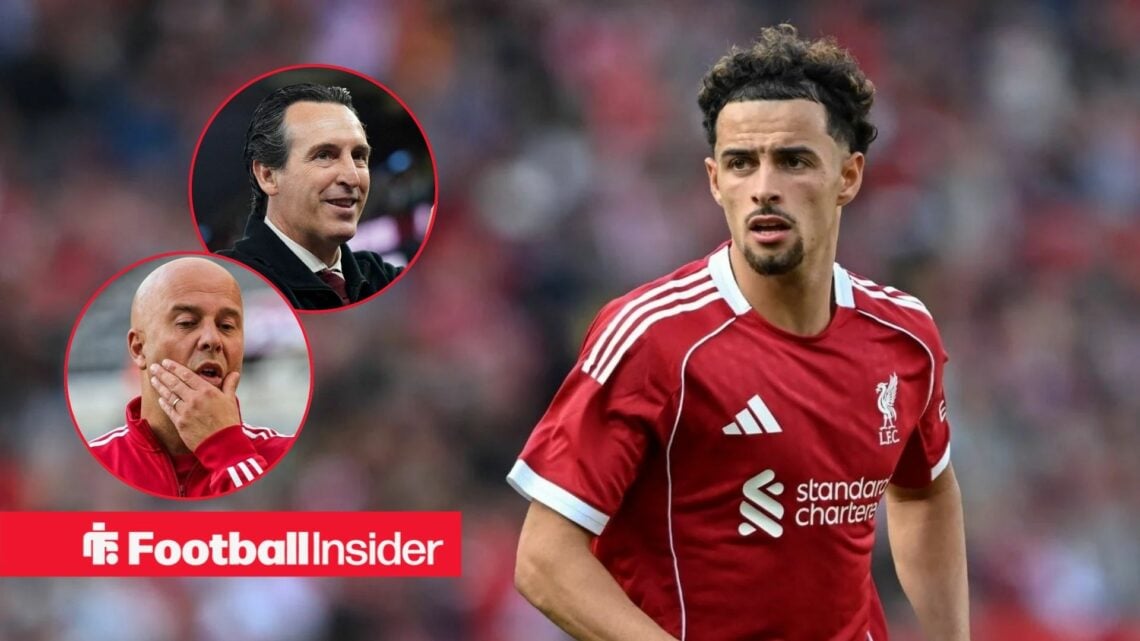 Liverpool midfielder Curtis Jones in action during a game, while Arne Slot has his hands over his face in a circular inset, and Unai Emery grins.