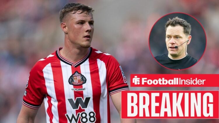 Sunderland defender Dan Ballard stares towards Premier League referee Darren England, who is in action in a circular inset.