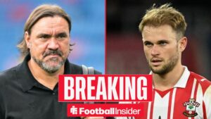 Daniel Farke on the sidelines at Leeds, with Leo Scienza in action for Southampton