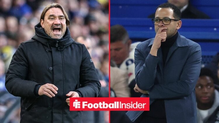 Daniel Farke manager of Leeds United gives his team instructions during the Premier League match Leeds United vs Aston Villa at Elland Road, Leeds,...