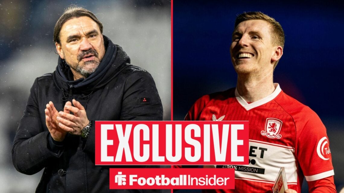 Football Insider exclusive as Leeds United manager Daniel Farke applauds while Middlesbrough defender Matt Targett smiles on the other side of a sp...