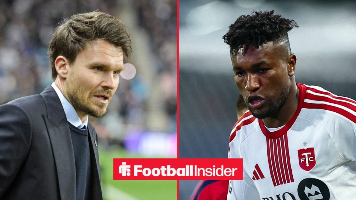 Rangers manager Danny Rohl smiles across a split image towards Jose Cifuentes, who is in action during a game for Toronto FC.