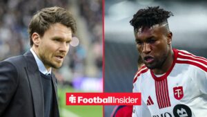 Rangers manager Danny Rohl smiles across a split image towards Jose Cifuentes, who is in action during a game for Toronto FC.