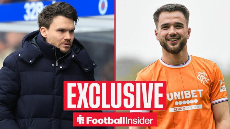 Football Insider exclusive as Rangers manager Danny Rohl looks concerned on the touchline, as midfielder Nicolas Raskin smiles on the other side of...