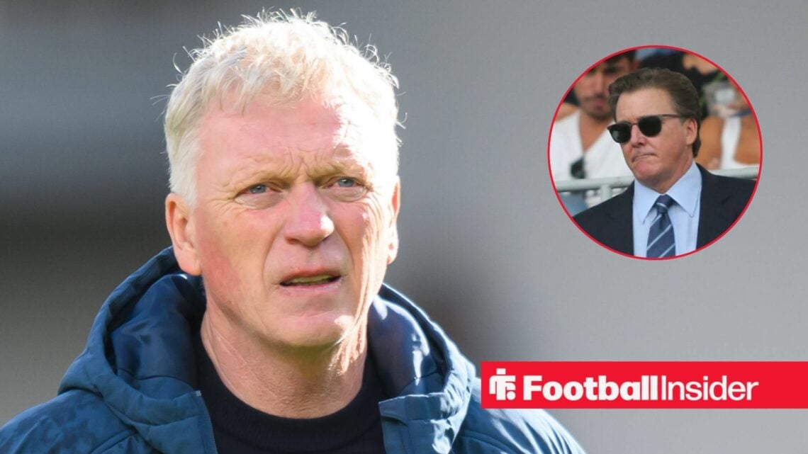 Everton manager David Moyes looks longingly towards owner Dan Friedkin, who wears sunglasses in a circular inset.