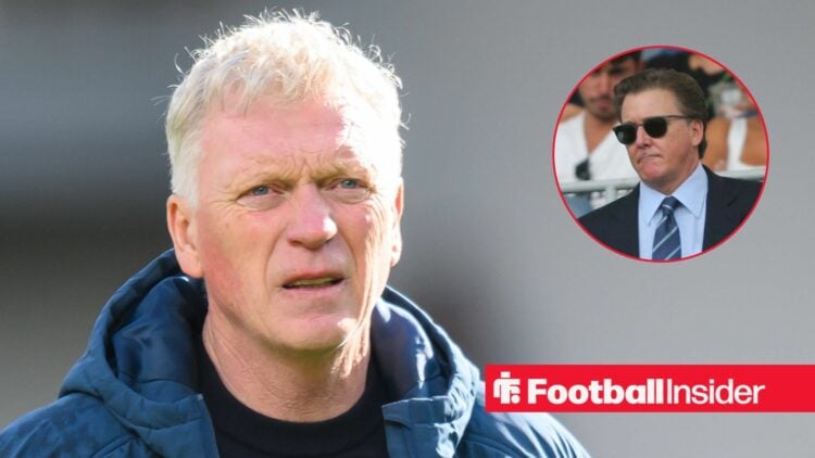 Everton manager David Moyes looks longingly towards owner Dan Friedkin, who wears sunglasses in a circular inset.