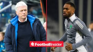 Everton manager David Moyes stares across a split image towards Ivan Toney, who warms up for a game for Al-Ahli.