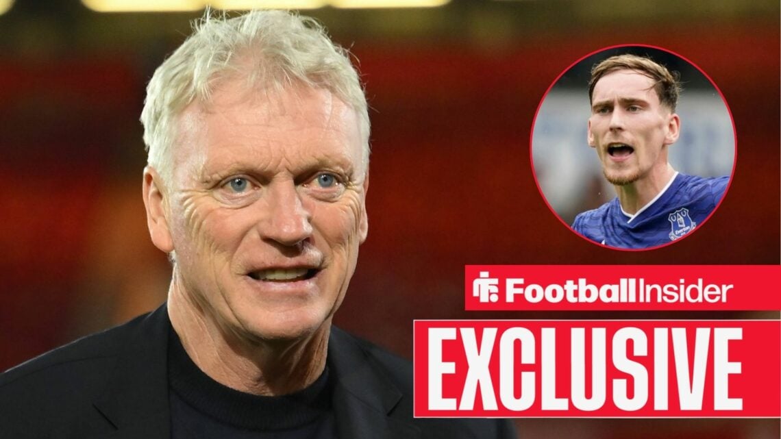 Football Insider exclusive as Everton manager David Moyes smiles towards a circular inset, where midfielder James Garner shouts during a game.