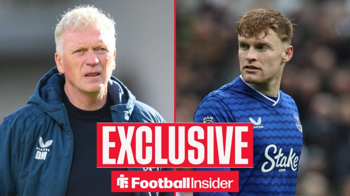 Football Insider exclusive as Everton manager David Moyes scowls across a split image towards defender Jarrad Branthwaite.