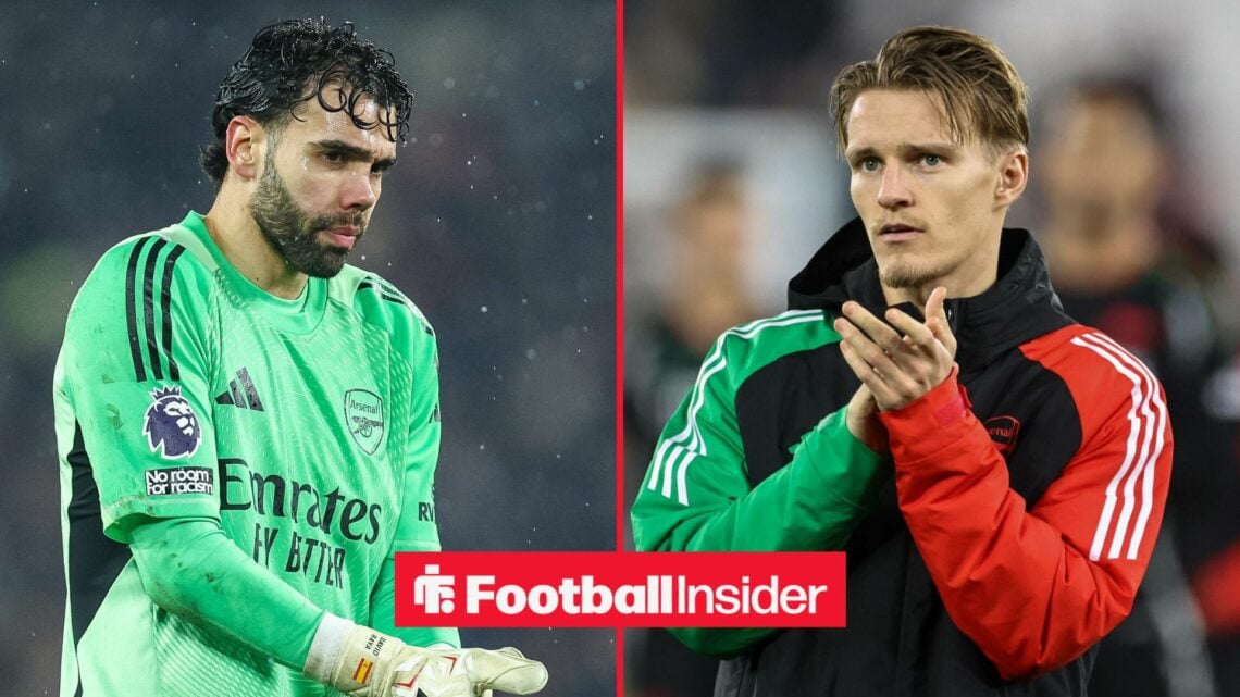 Arsenal goalkeeper David Raya in action during a game, as Martin Odegaard applauds on the other side of a split image.