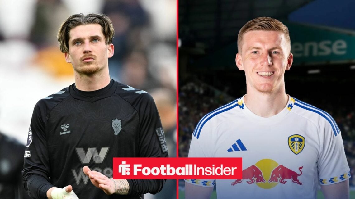 Sunderland defender Dennis Cirkin applauds after a game, while Matt Targett wears a Leeds shirt on the other side of a split image.