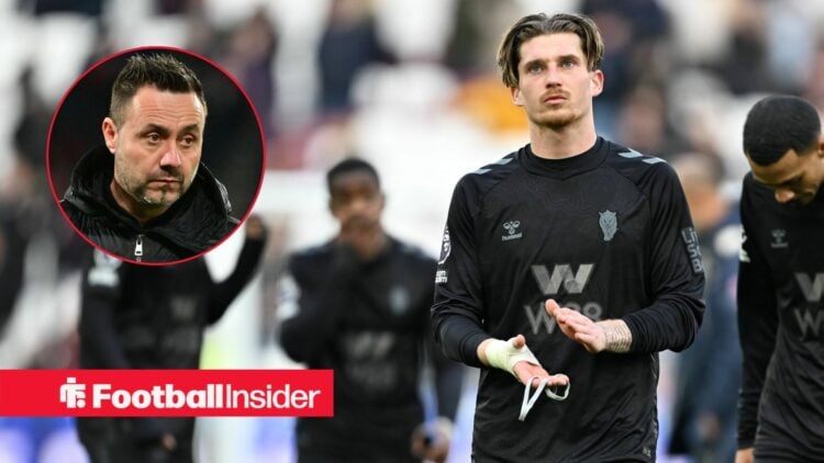 Sunderland defender Dennis Cirkin applauds after a game, as Tottenham manager Roberto De Zerbi watches from a circular inset.